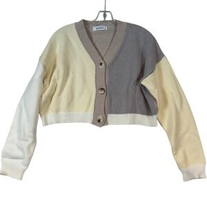 Womens Colorblock Cropped Cardigan Sweater Yellow Tan •L• Y2K Preppy Layering
